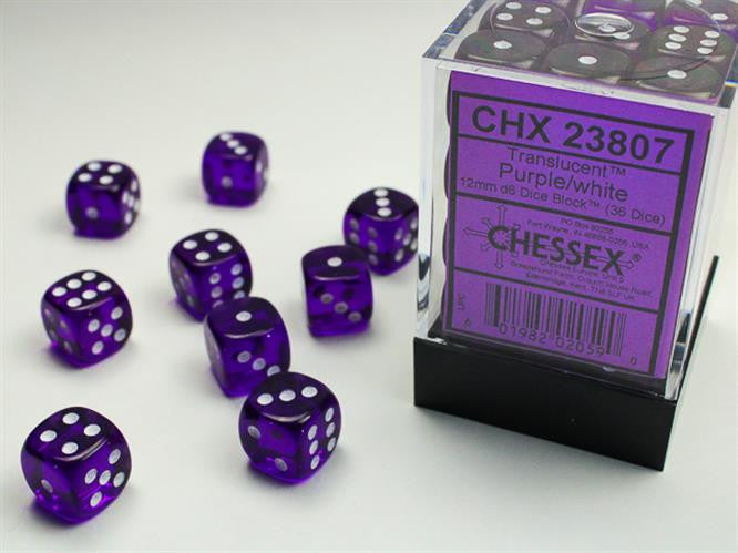 SET 36 DADI 6 FACCE 12MM - PURPLE W/WHITE