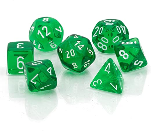 SET 7 DADI POLIEDRICI MINI - TRANSLUCENT GREEN/WHITE